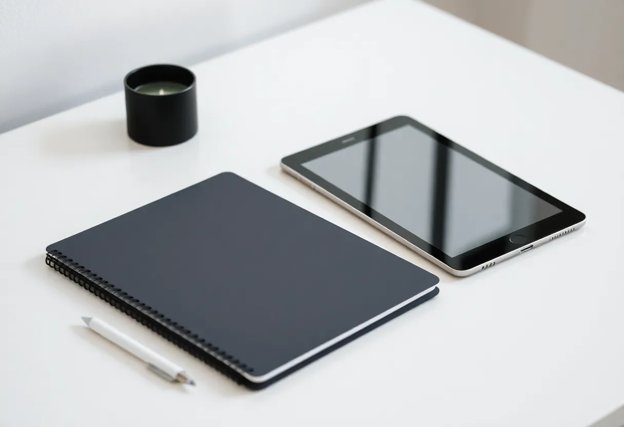 Paper notebook beside e-ink tablet on a clean desk