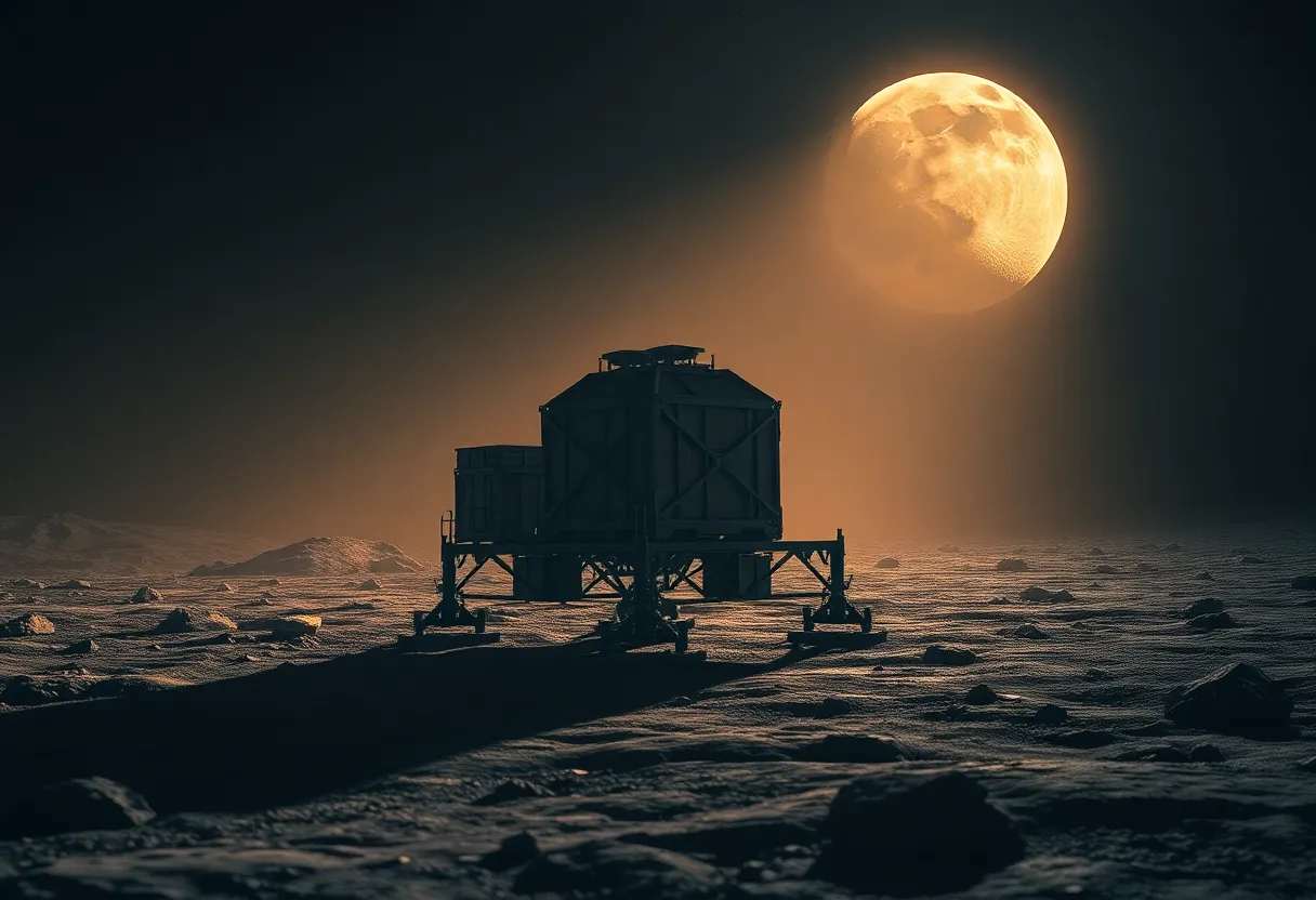 Lunar surface scene with cargo crates near a lander