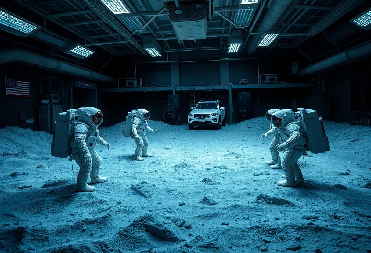 Astronauts training in a facility with lunar surface mockup elements