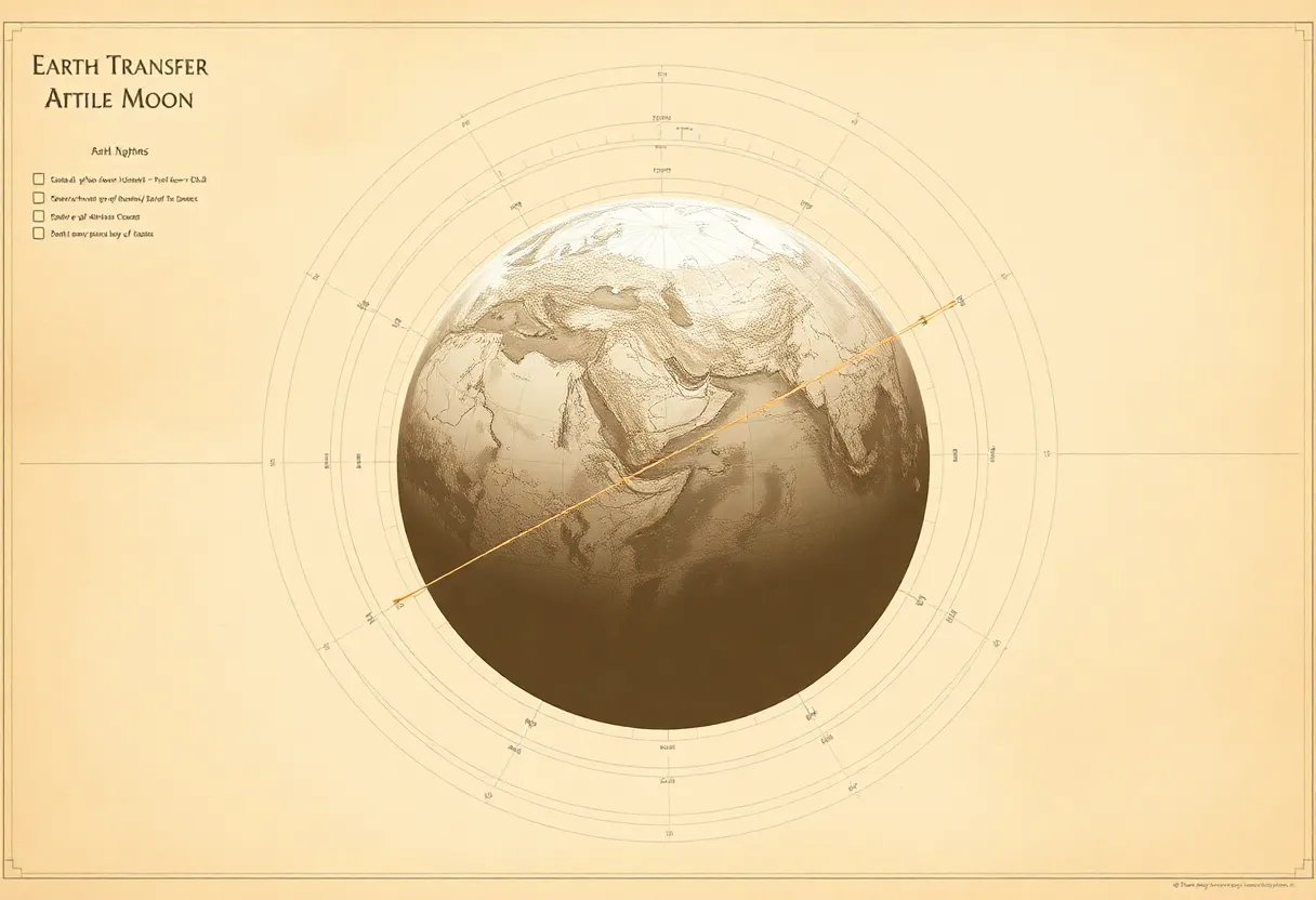 Blueprint style diagram of Earth to Moon transfer paths