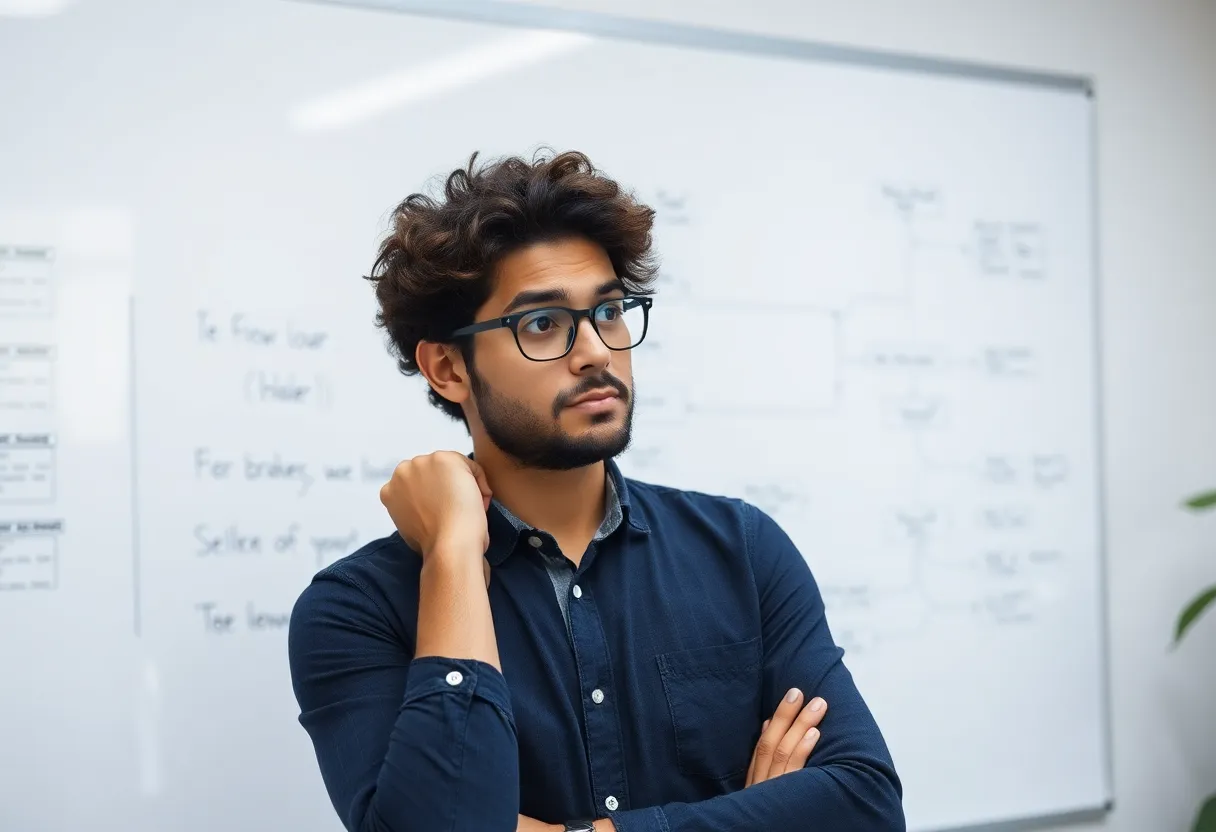 Developer at a whiteboard drawing a complex flowchart with loops