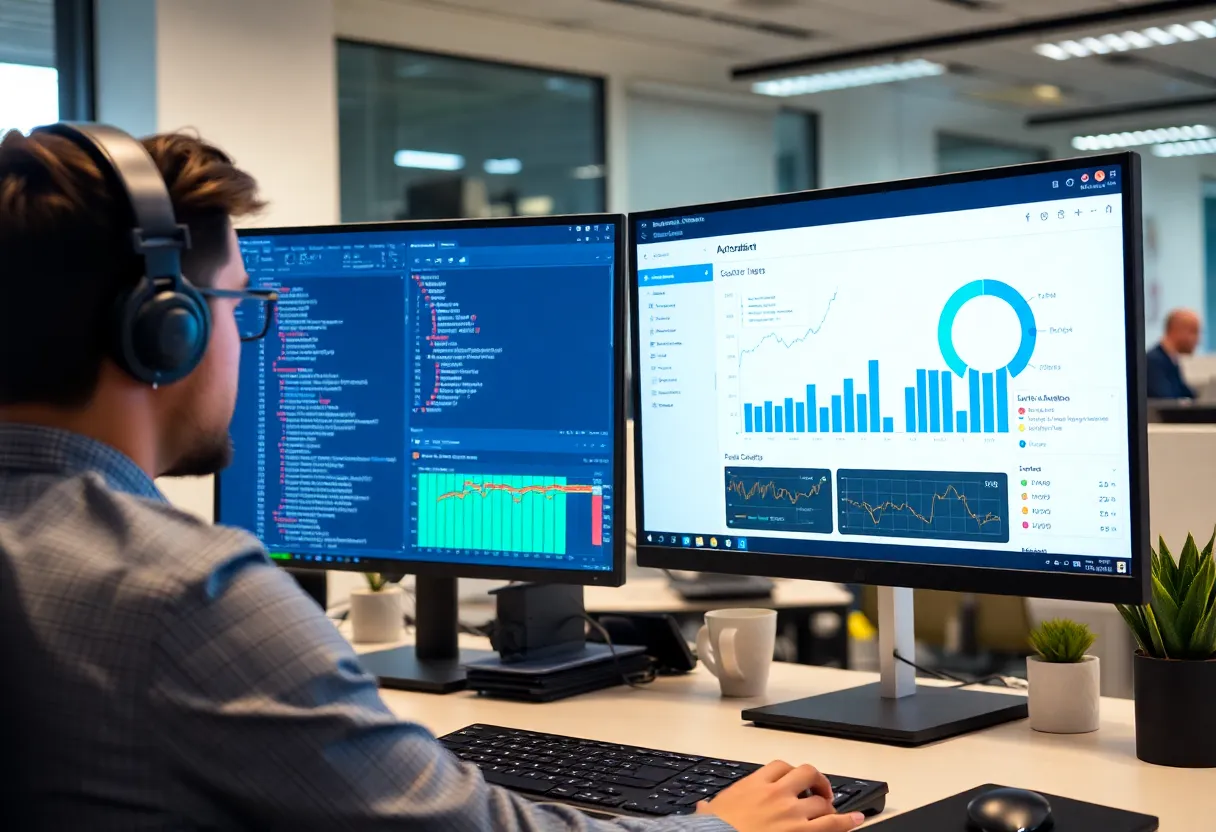 Developer comparing database metrics with an automation dashboard
