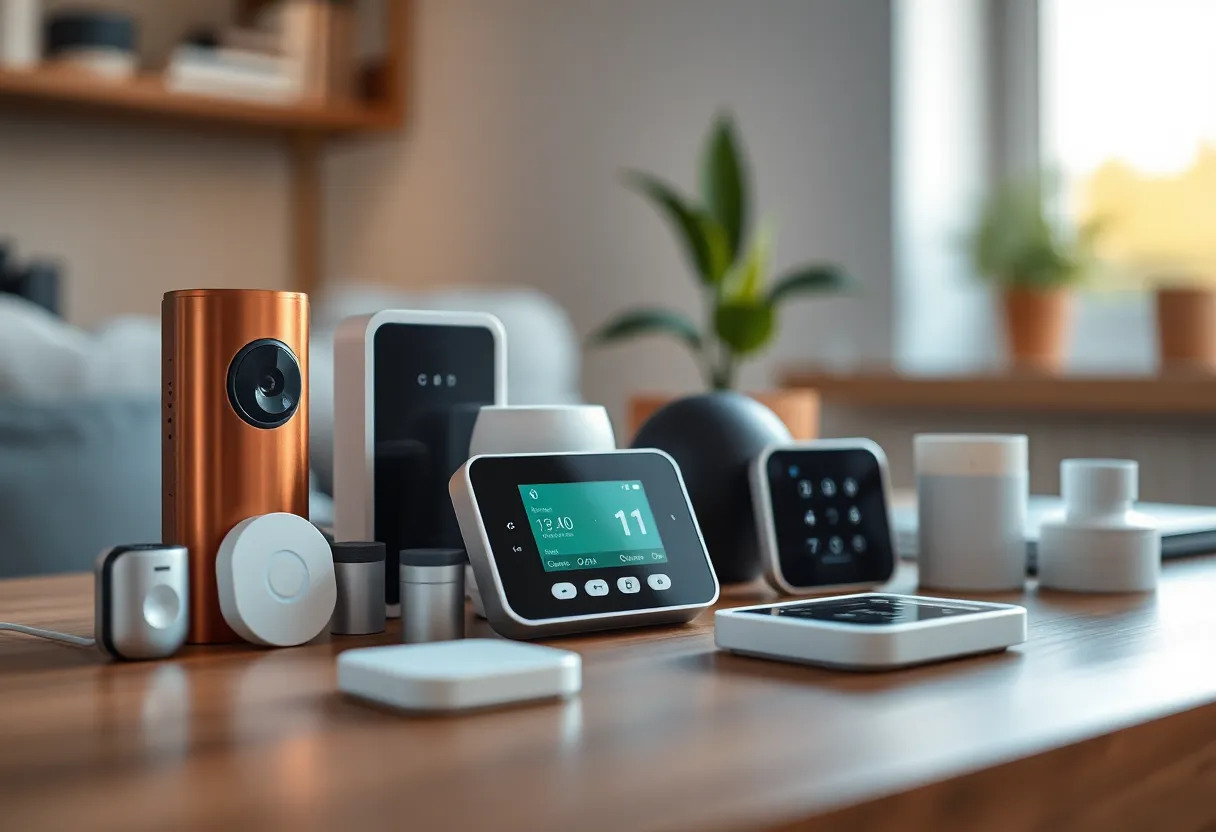 Smart home sensors, lock, and thermostat on a table