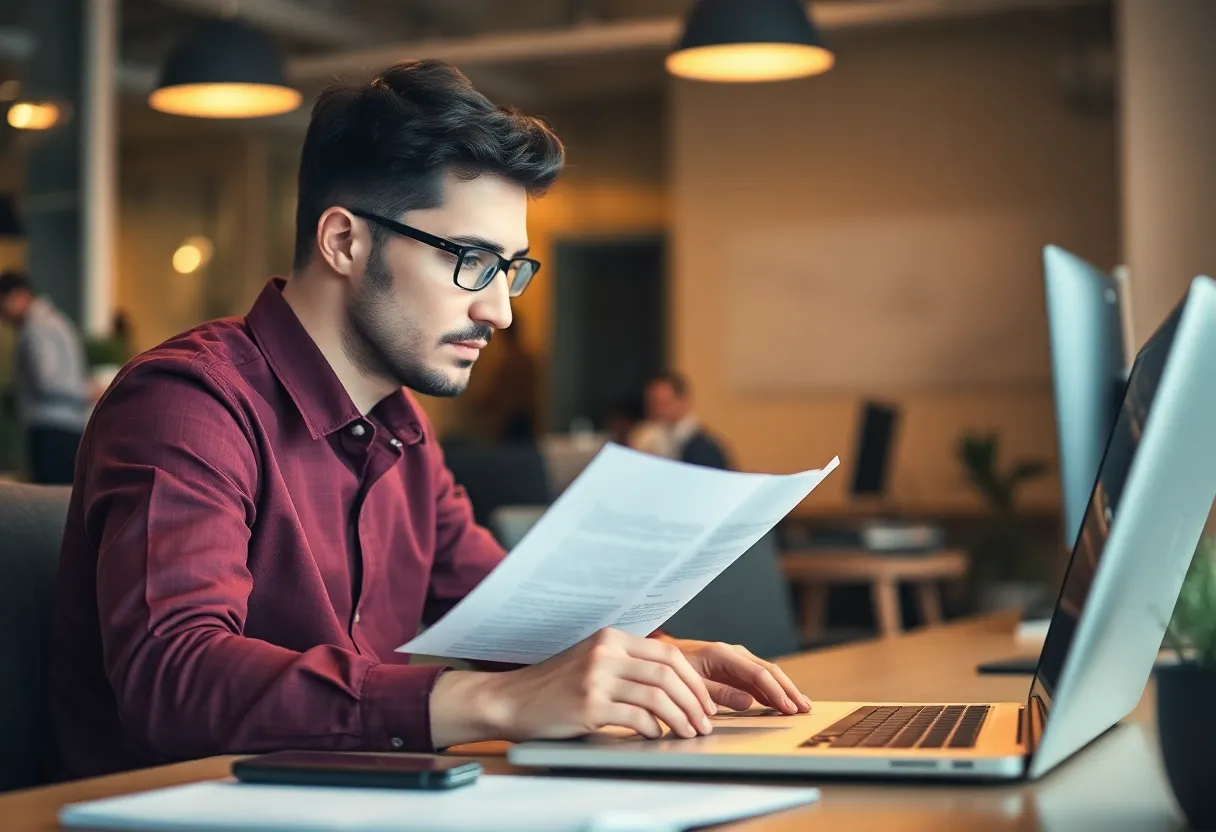 Developer reviewing security documentation at a laptop