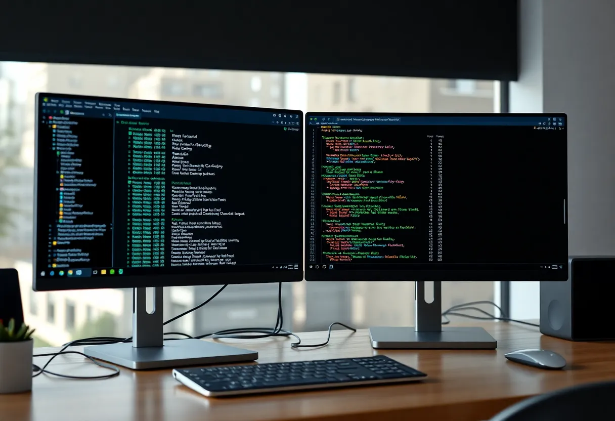 Developer comparing benchmark output across two terminal sessions
