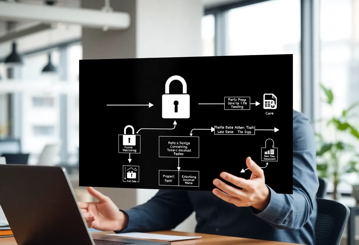 Engineer reviewing a secured automation workflow with locks on data paths