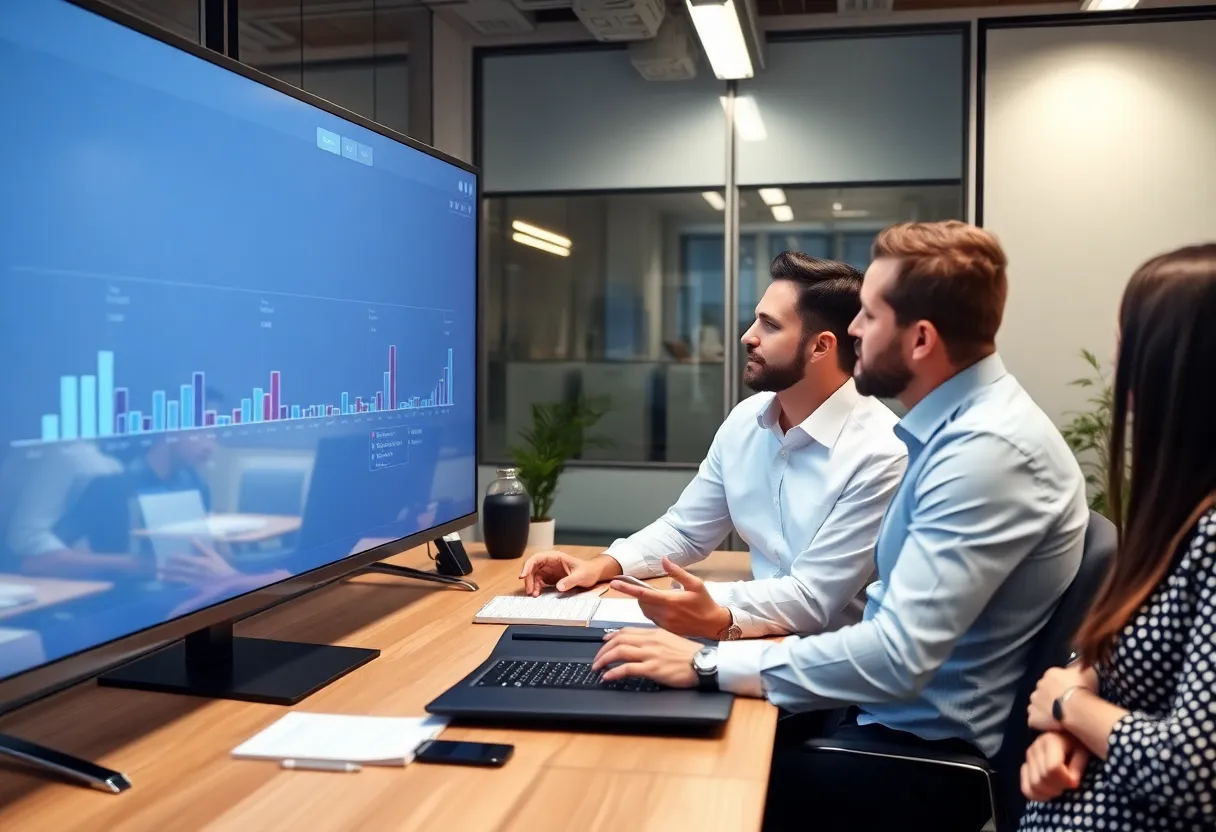 Team reviewing a long CI pipeline timeline on a large monitor
