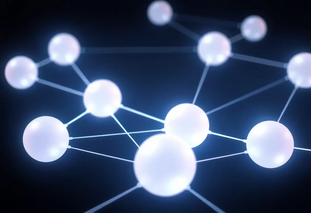 Abstract visualization of qubits as connected glowing spheres representing probability amplitudes