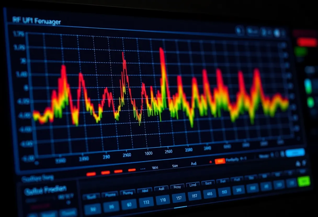 Spectrum analyzer display showing RF peaks across frequencies