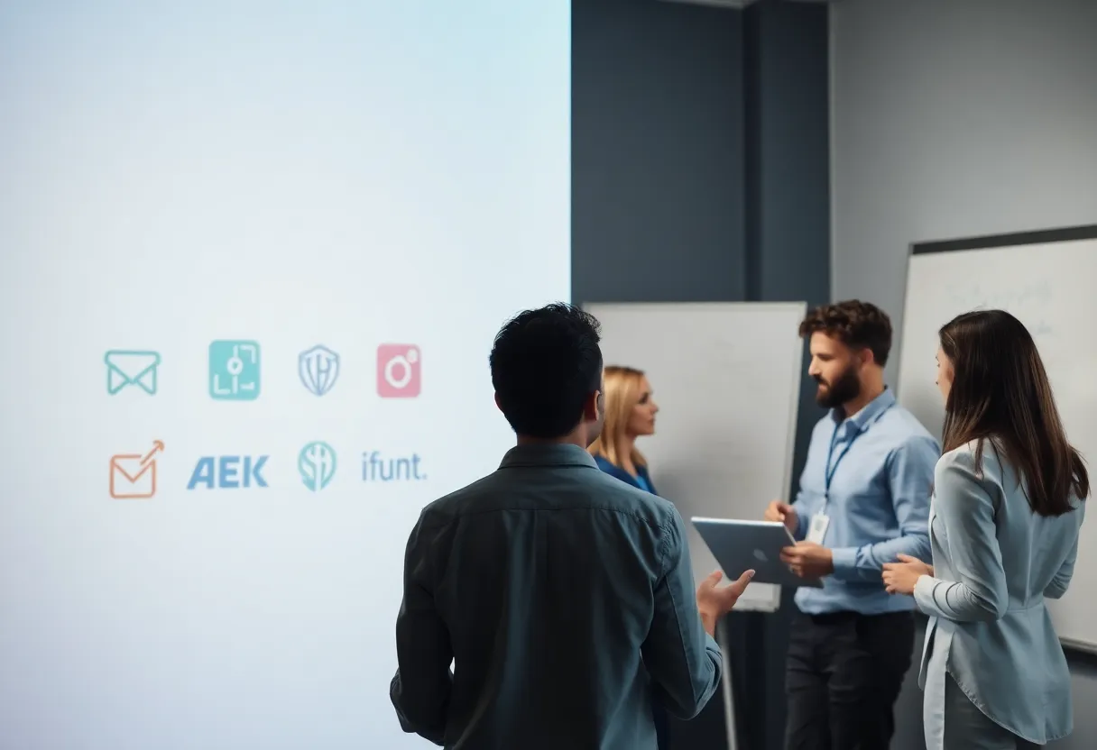 Team collaborating at a whiteboard beside fading technology logos, symbolizing durable skills over hype