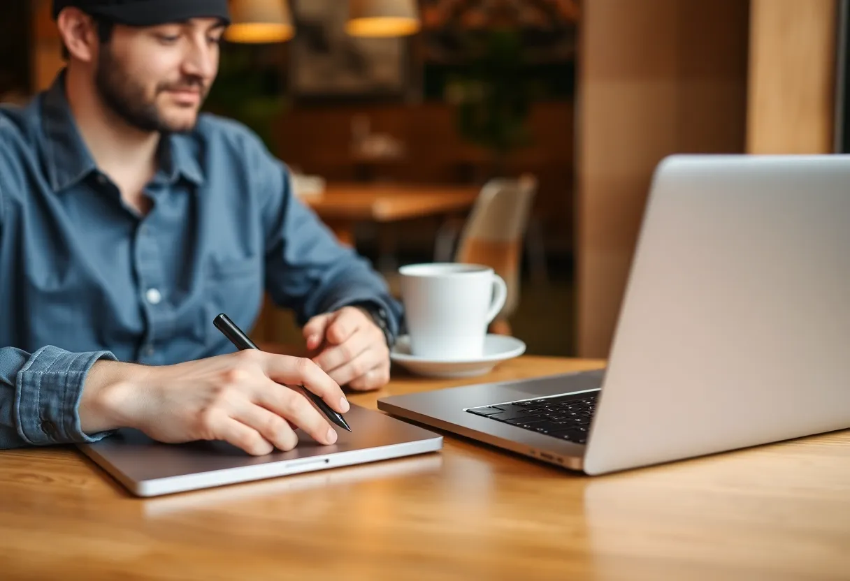 Two people working on laptops that appear to sync notes across a shared table