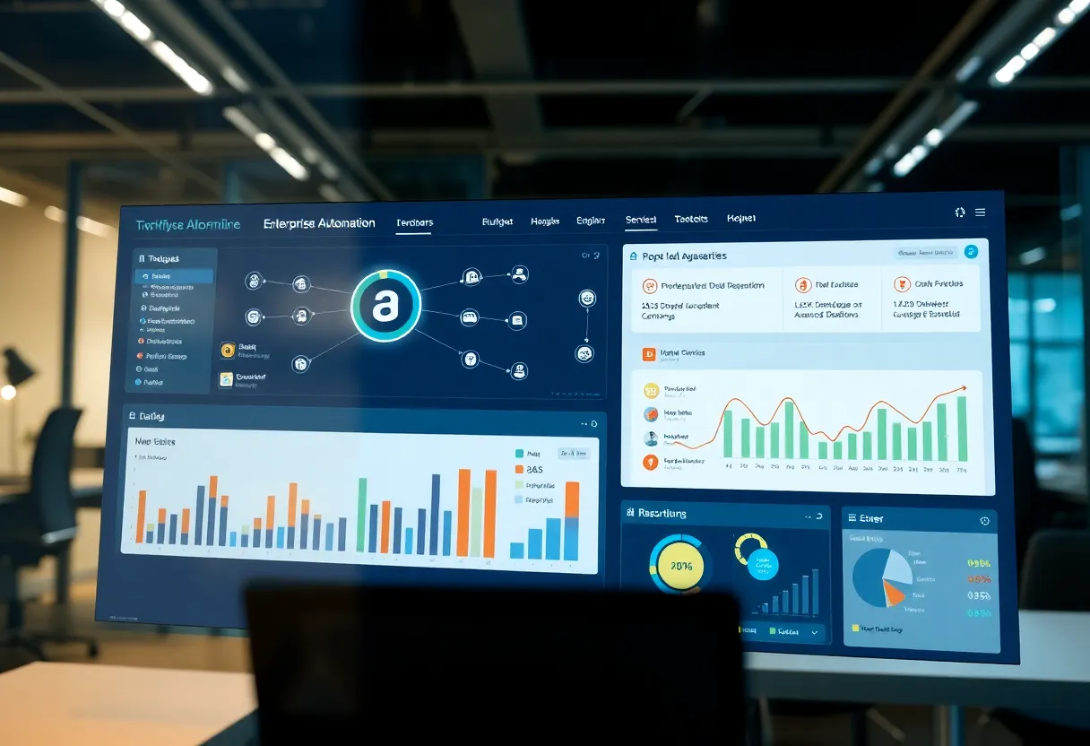 Enterprise automation dashboard with workflow nodes and monitoring alerts