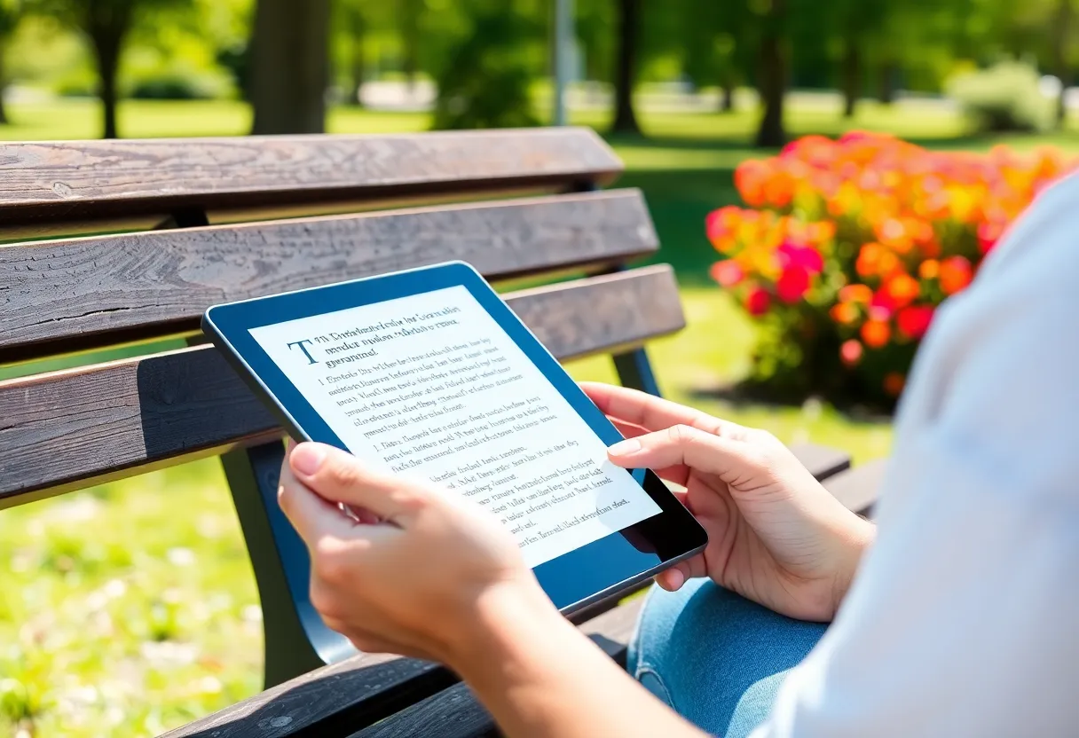 Outdoor reading scenario emphasizing glare-free reflective display use