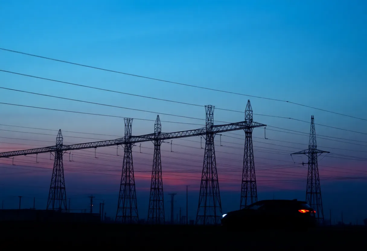Grid substation at dusk with electric vehicle silhouette, energy infrastructure