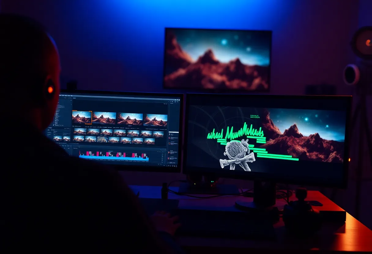 Video editing timeline with color grading on dual monitors in a dim studio