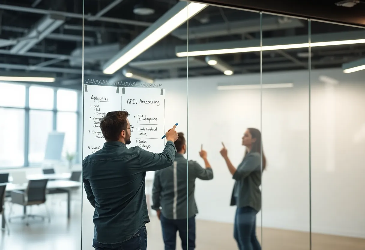 Developers whiteboarding API design comparing endpoints to a unified query model