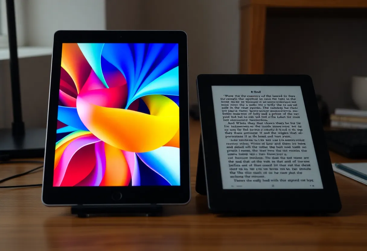 Comparison scene between vivid LCD-style tablet and paper-like e-ink display