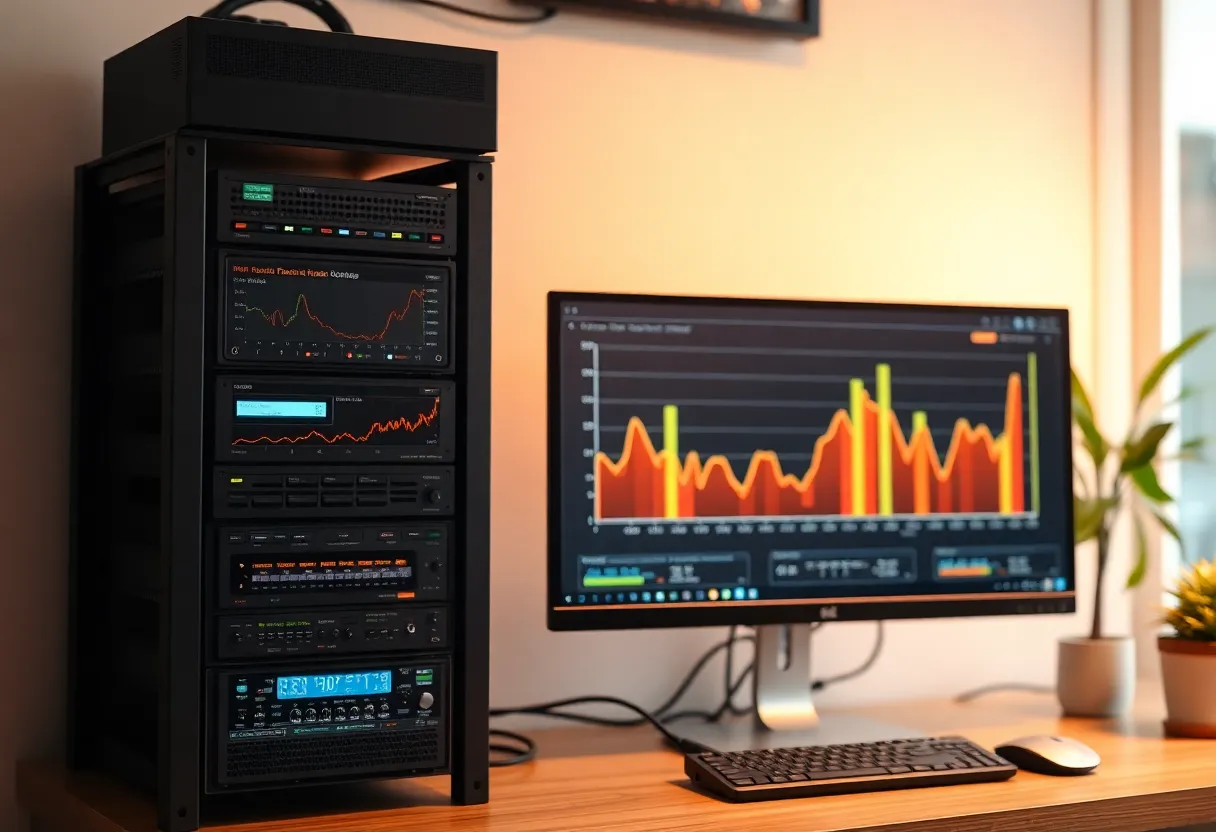 Homelab server with monitoring charts on a nearby monitor