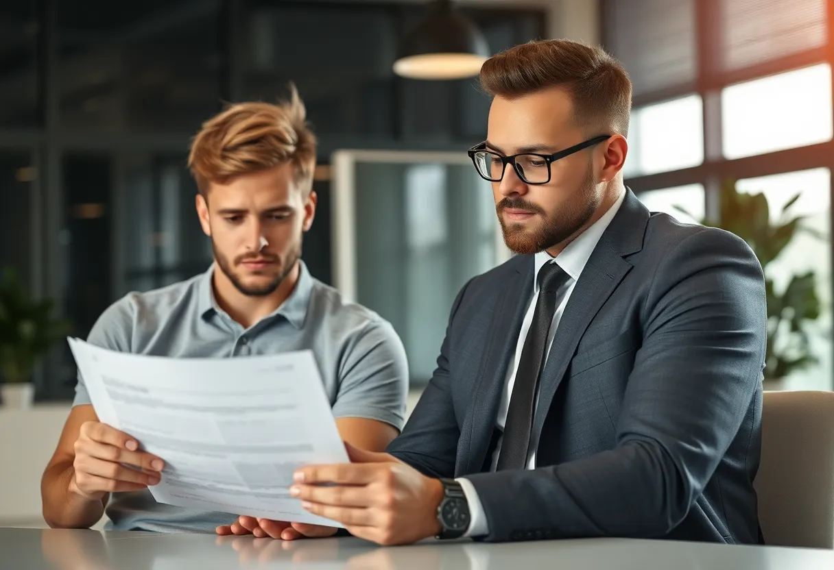 Young player reviewing contract paperwork with a representative in an office setting