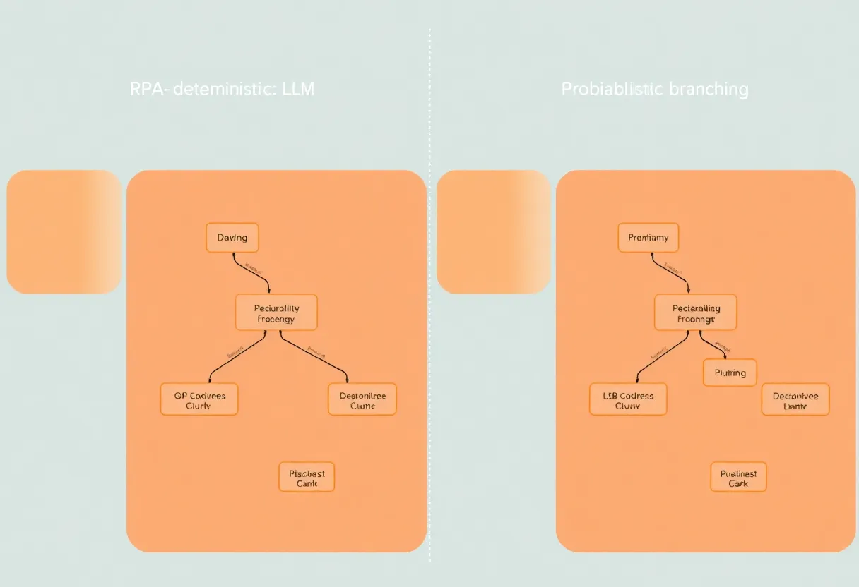 Abstract diagram contrasting deterministic RPA paths with branching LLM-driven flows