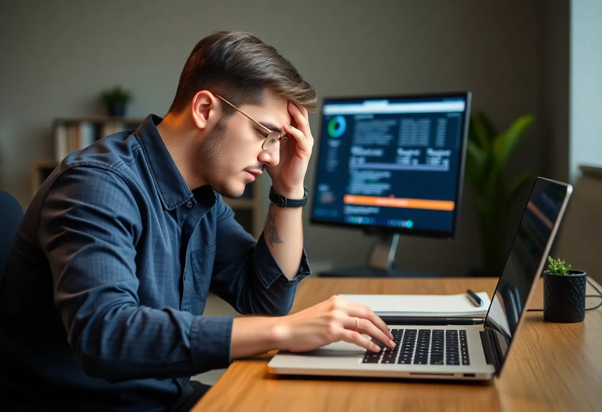 Developer waiting on a long CI progress bar at a laptop
