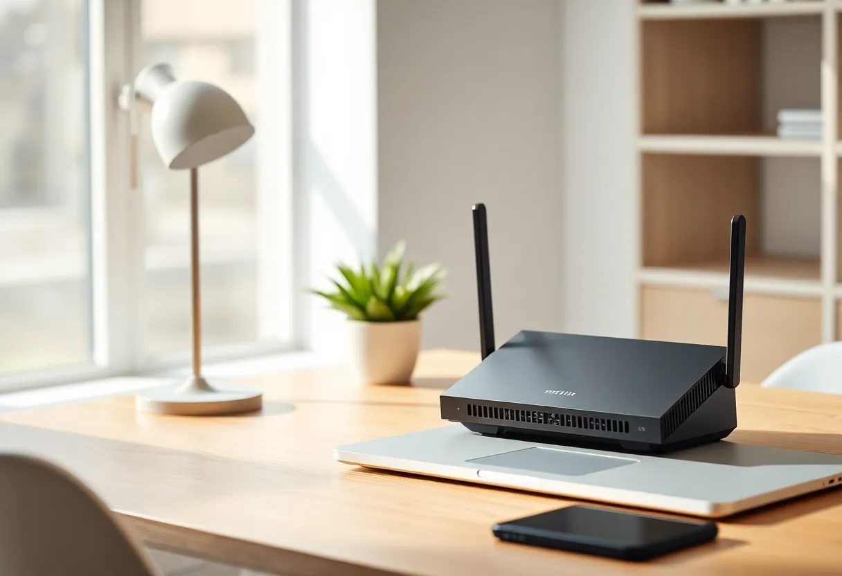 A single Wi-Fi router on a desk beside a laptop in a minimalist home office