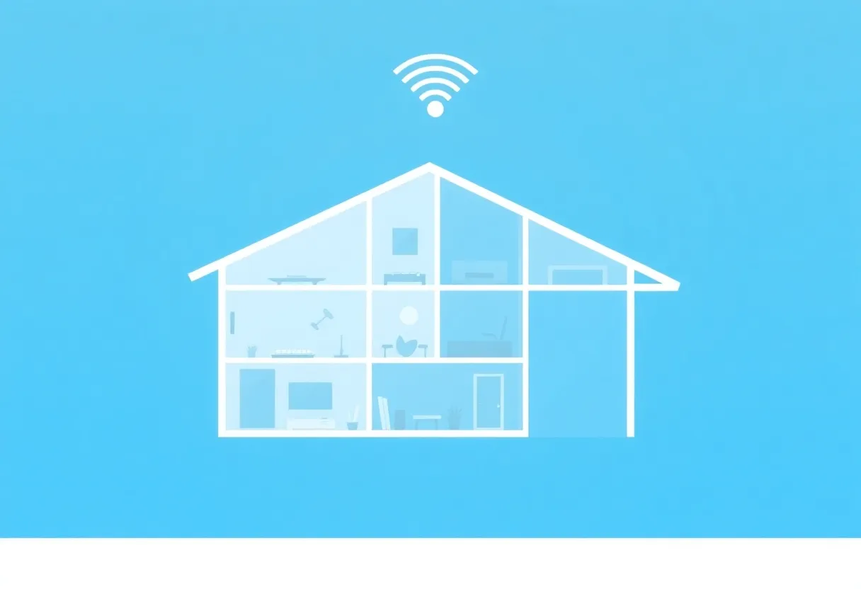 Abstract visualization of wireless signals spreading through multiple floors of a home