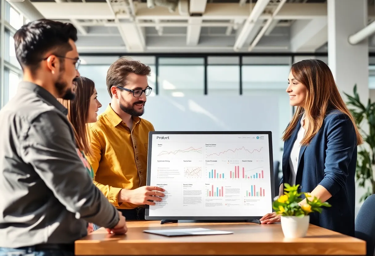 Product team reviewing dashboards and conversation threads in an office setting