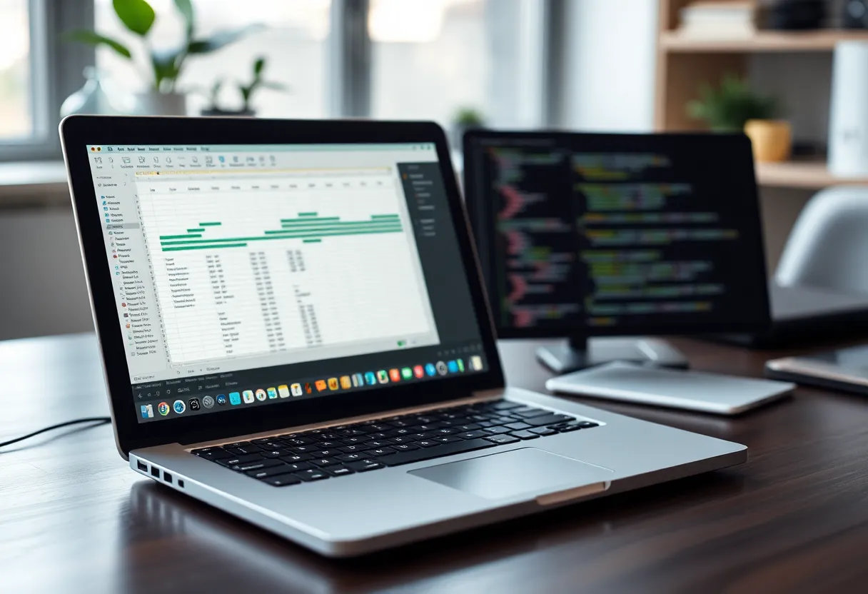 Laptop on a desk with productivity software open, natural daylight