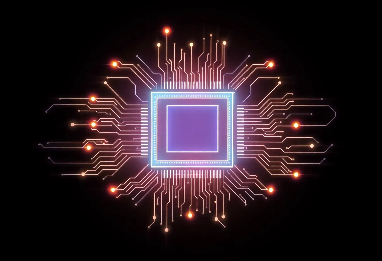 Abstract visualization of integrated circuit pathways on a dark background
