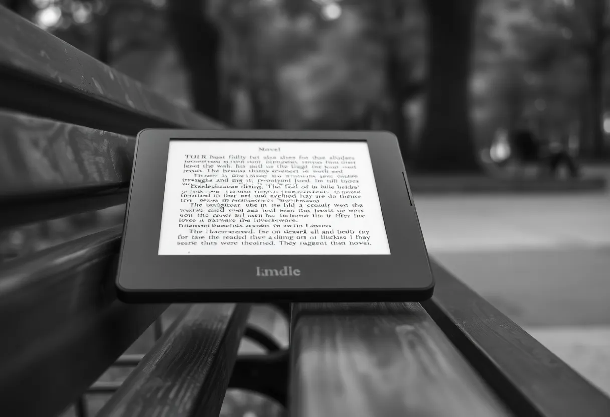 Grayscale e-ink reader showing book text in an outdoor setting