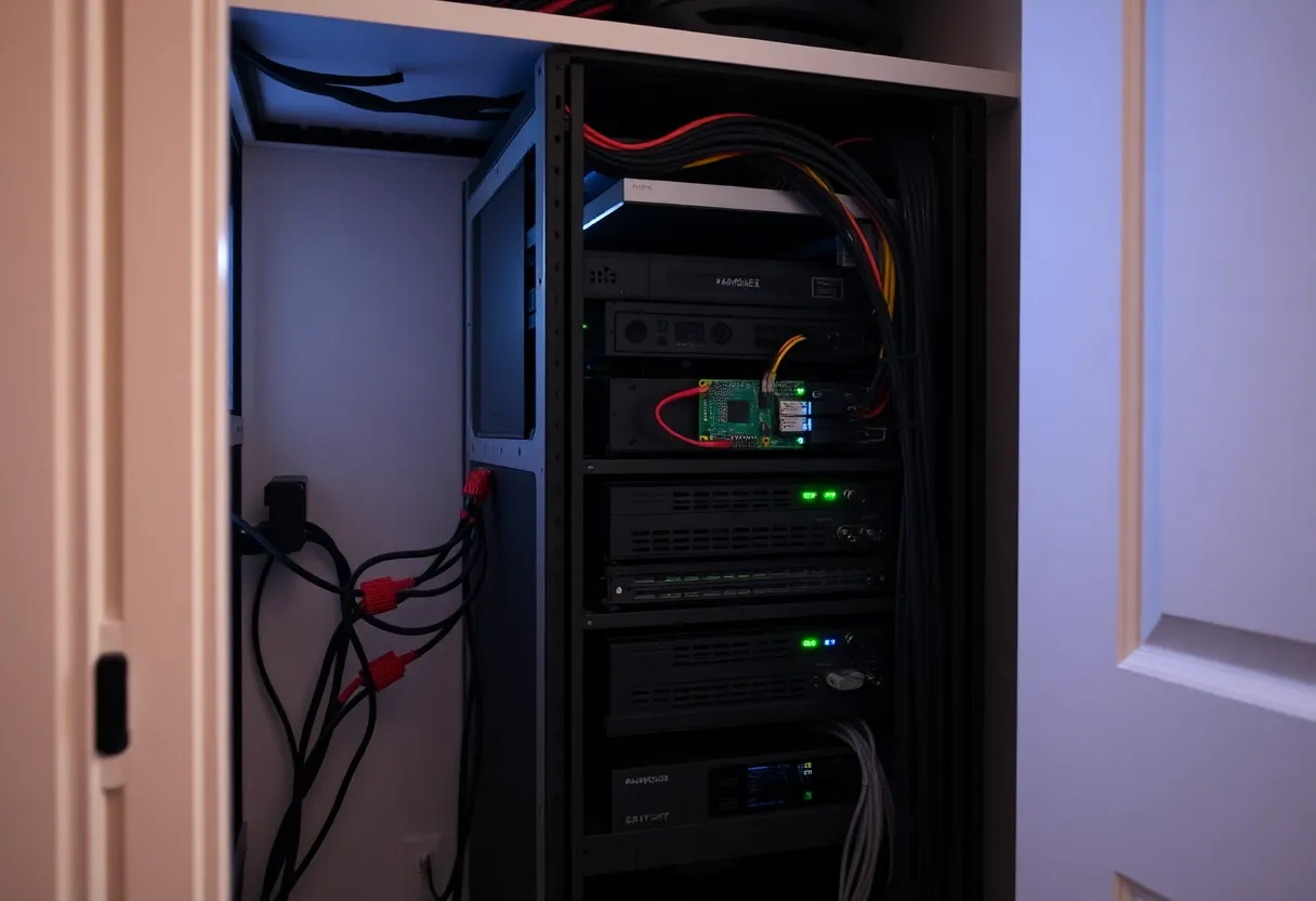 Compact homelab with Raspberry Pi and network gear in a closet