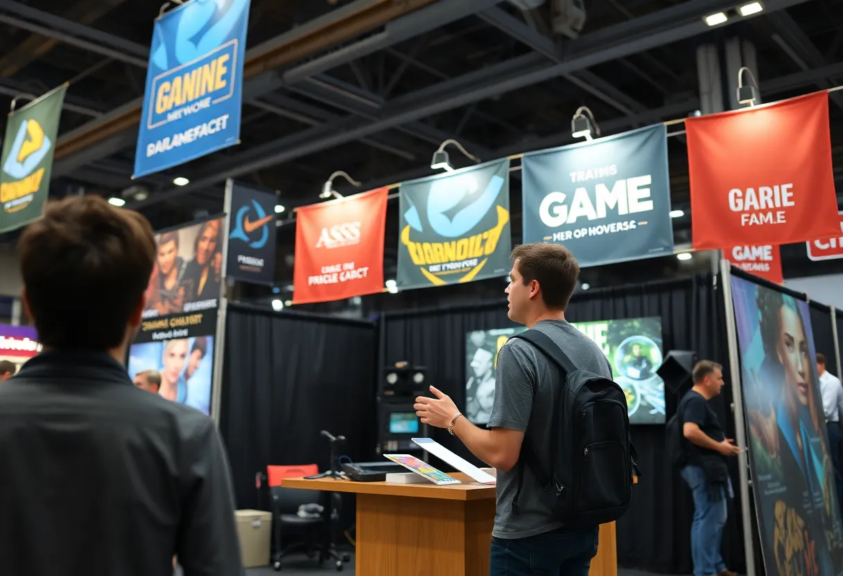 Indie developer booth at a small convention with colorful banners