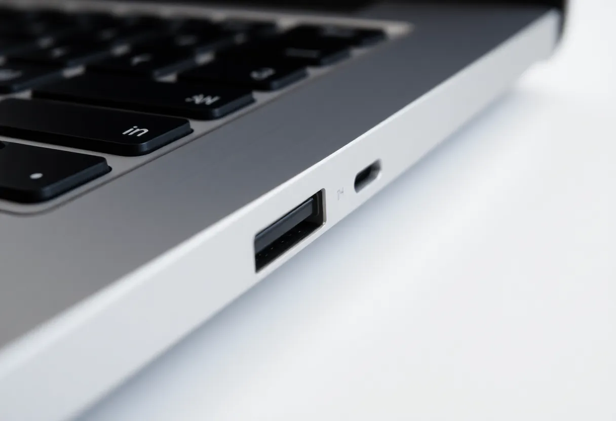 Close-up of a USB-C port on a thin laptop