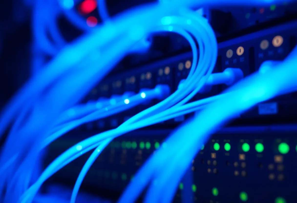 Fiber optic cables and server rack hardware glowing blue in a data center