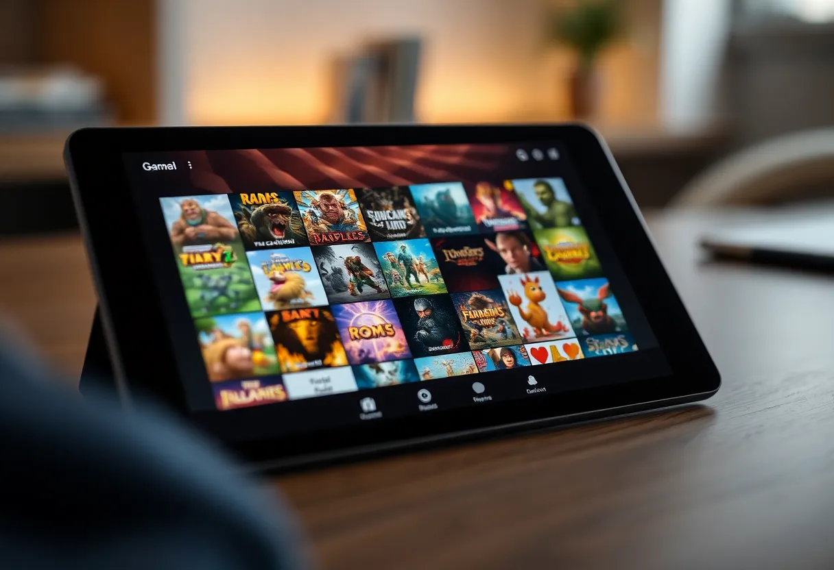 Tablet screen showing a grid of colorful game thumbnails