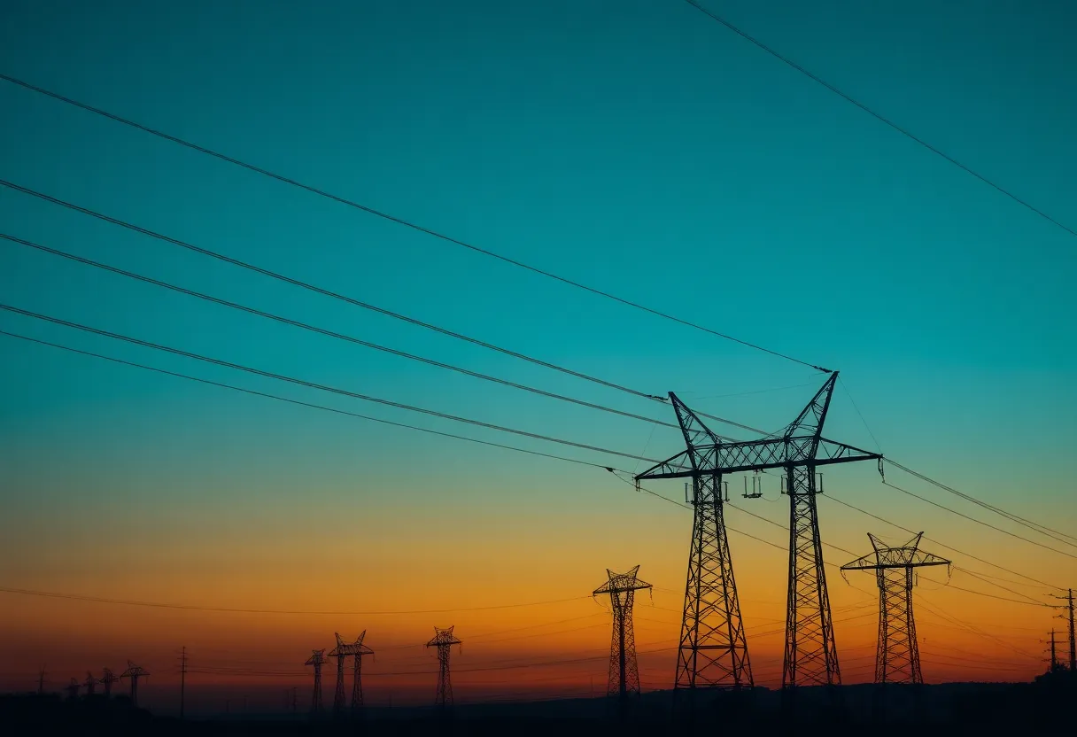 Electrical substation and power lines at dusk