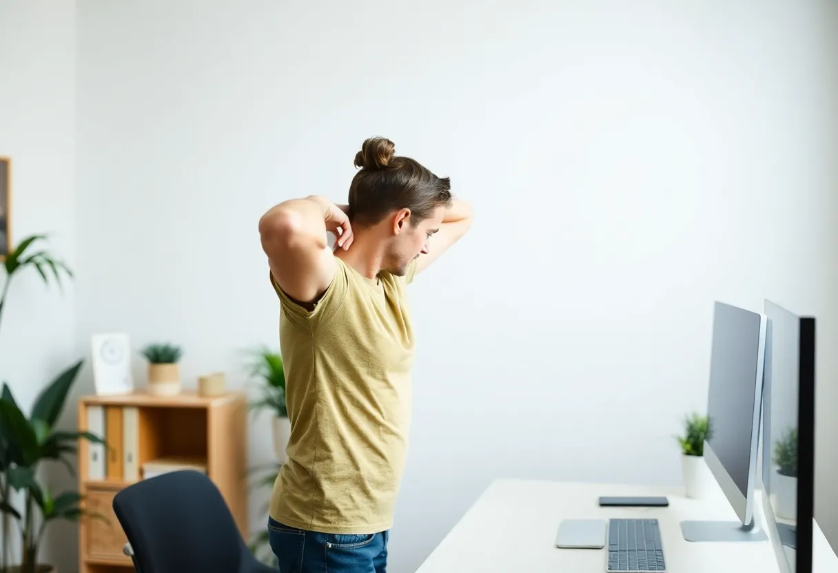 Person stretching shoulders beside a standing desk in a home office