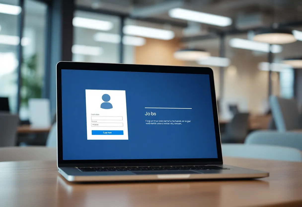 Laptop showing a job application interface in a soft-focus office