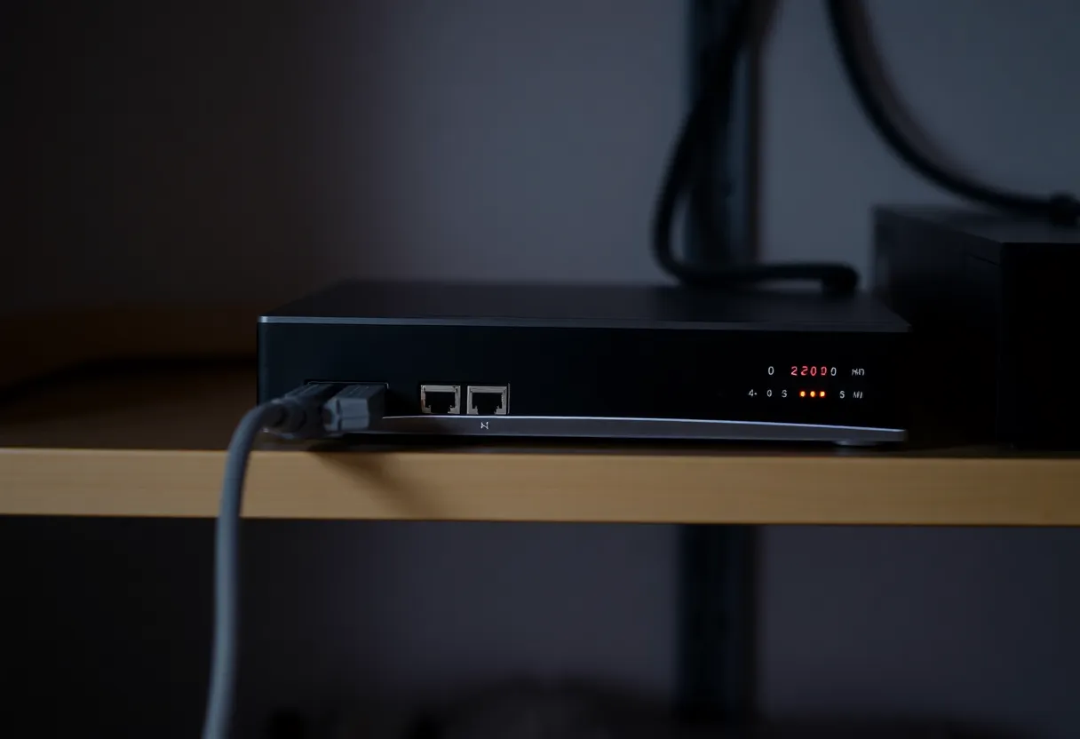 Network video recorder and cables on a shelf in a home closet