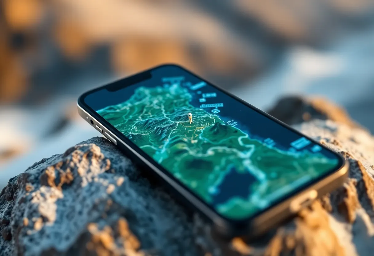 Smartphone map concept with satellite coverage overlay in mountainous terrain