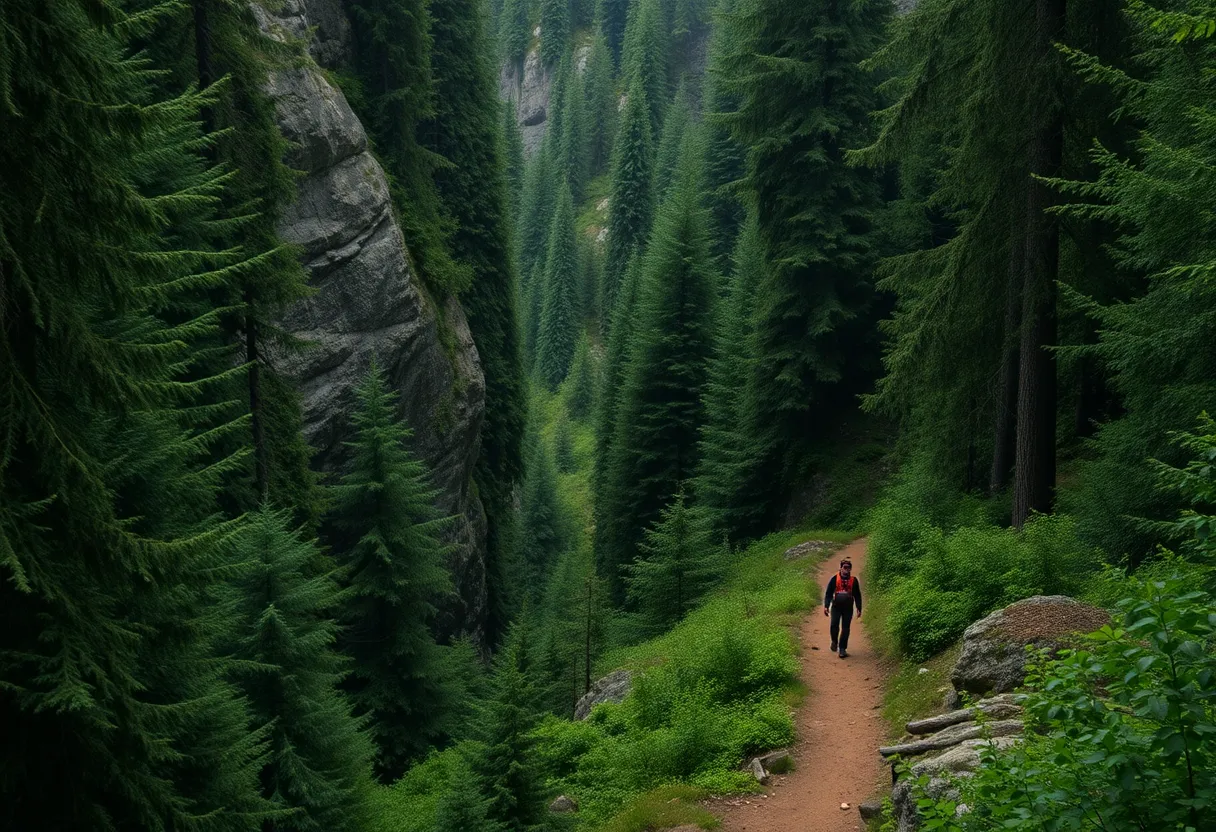 Dense forest canyon trail illustrating terrain that blocks sky view