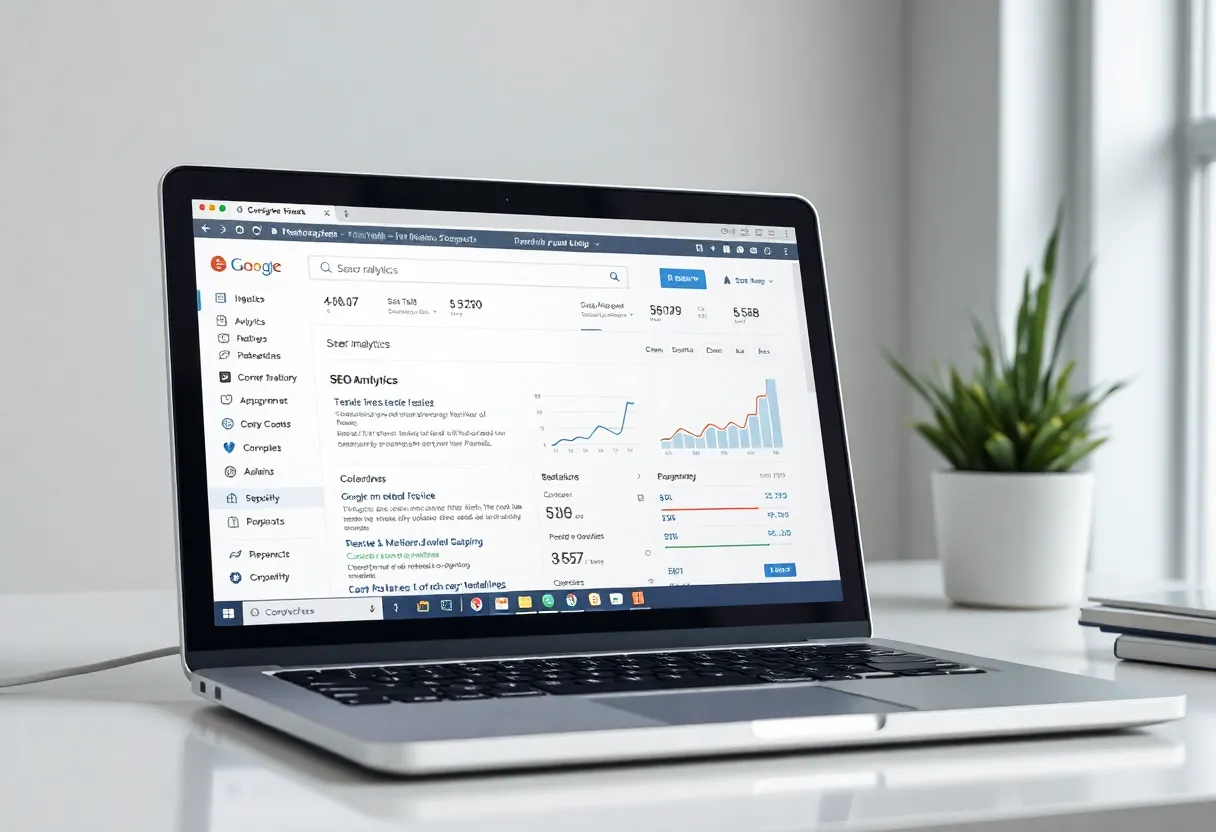 Laptop showing search-oriented analytics suggesting SEO and durable discovery
