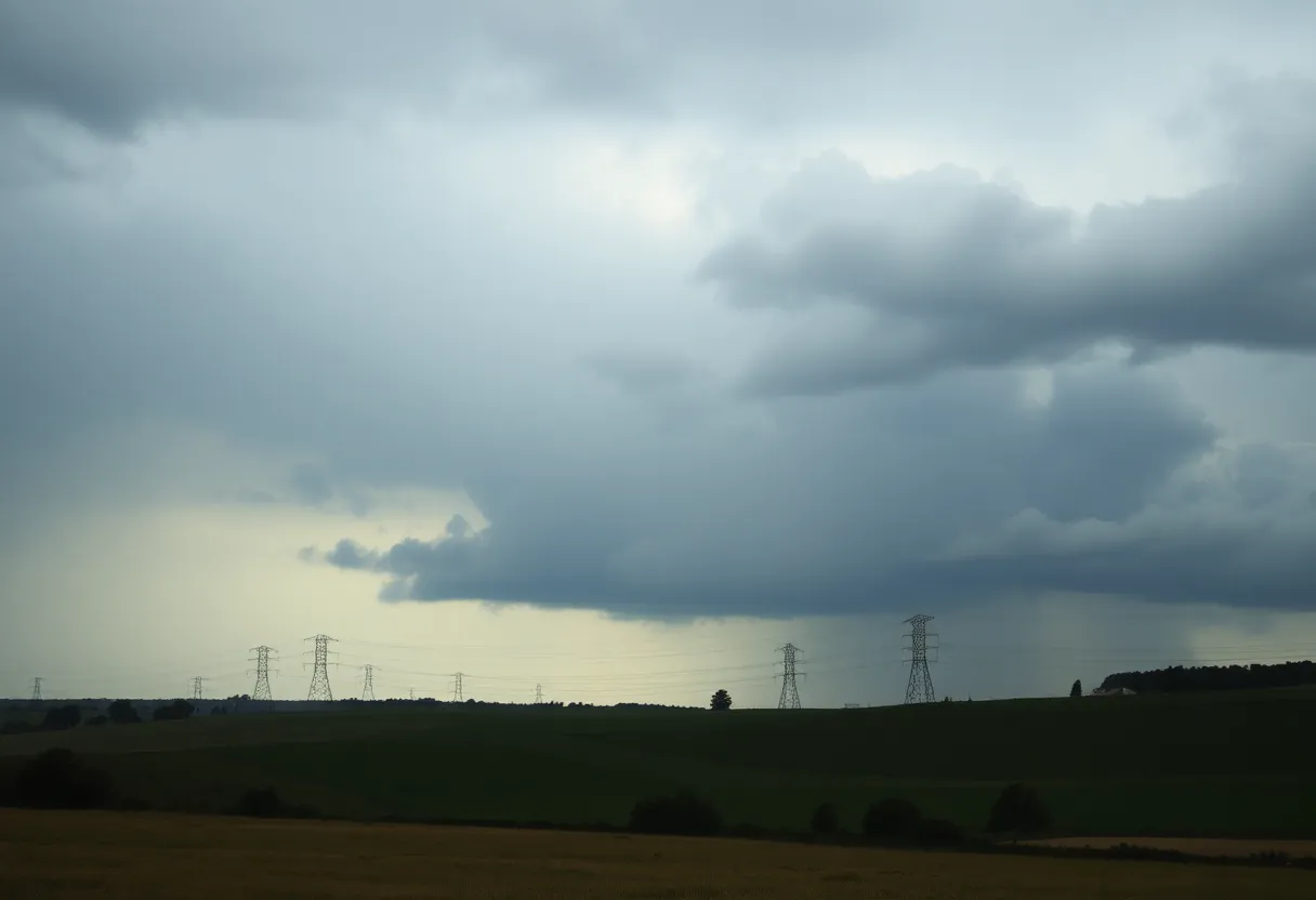 Rain storm over rural landscape with power lines and heavy clouds