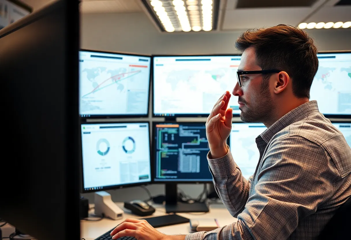 Developer facing multiple overlapping feature diagrams on monitors suggesting overload