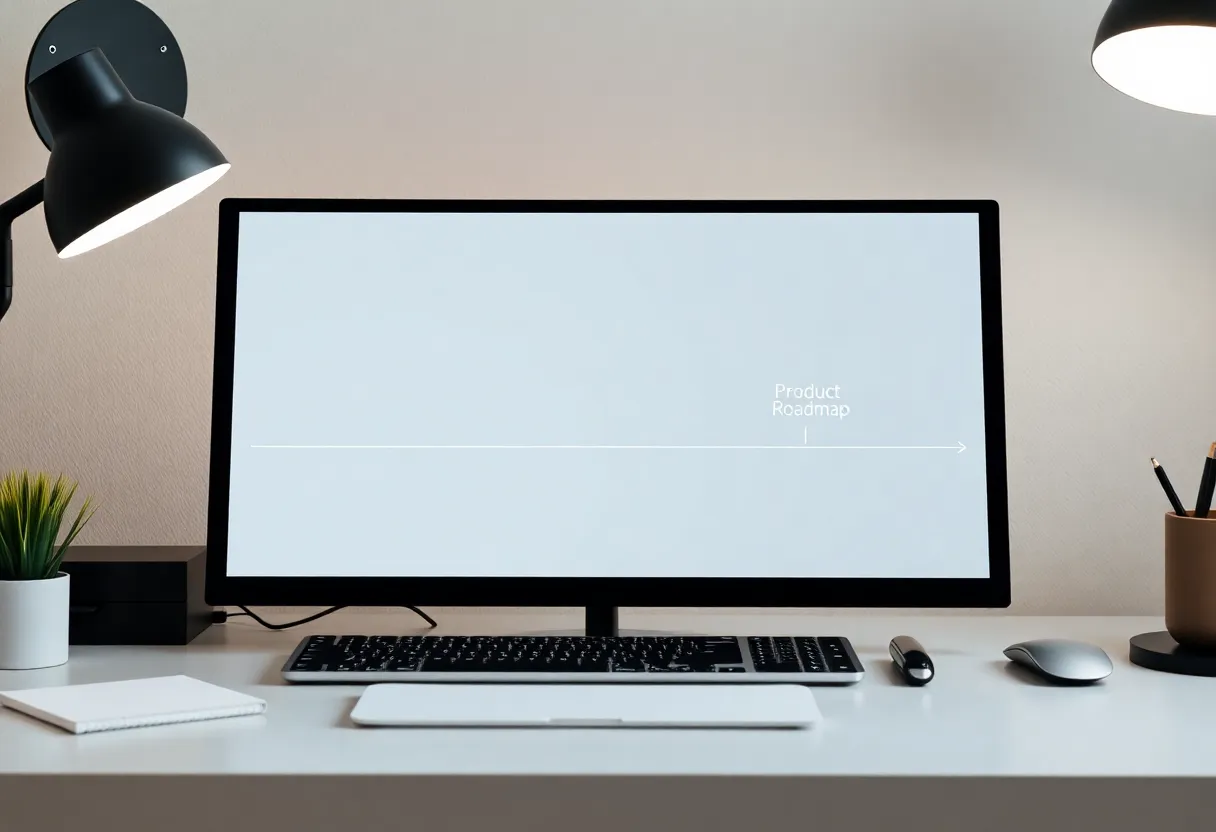 Clean roadmap timeline with one highlighted milestone on a desk
