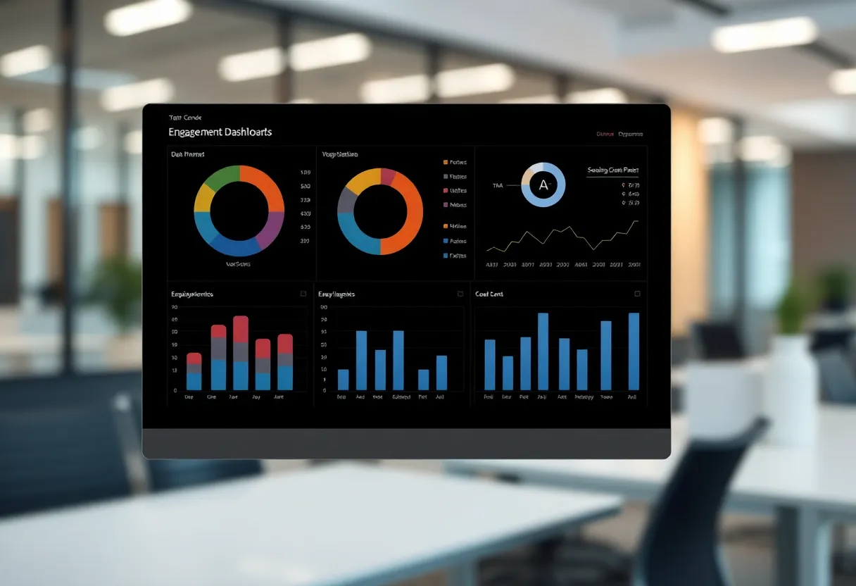 Blurred analytics dashboard suggesting engagement metrics in an office