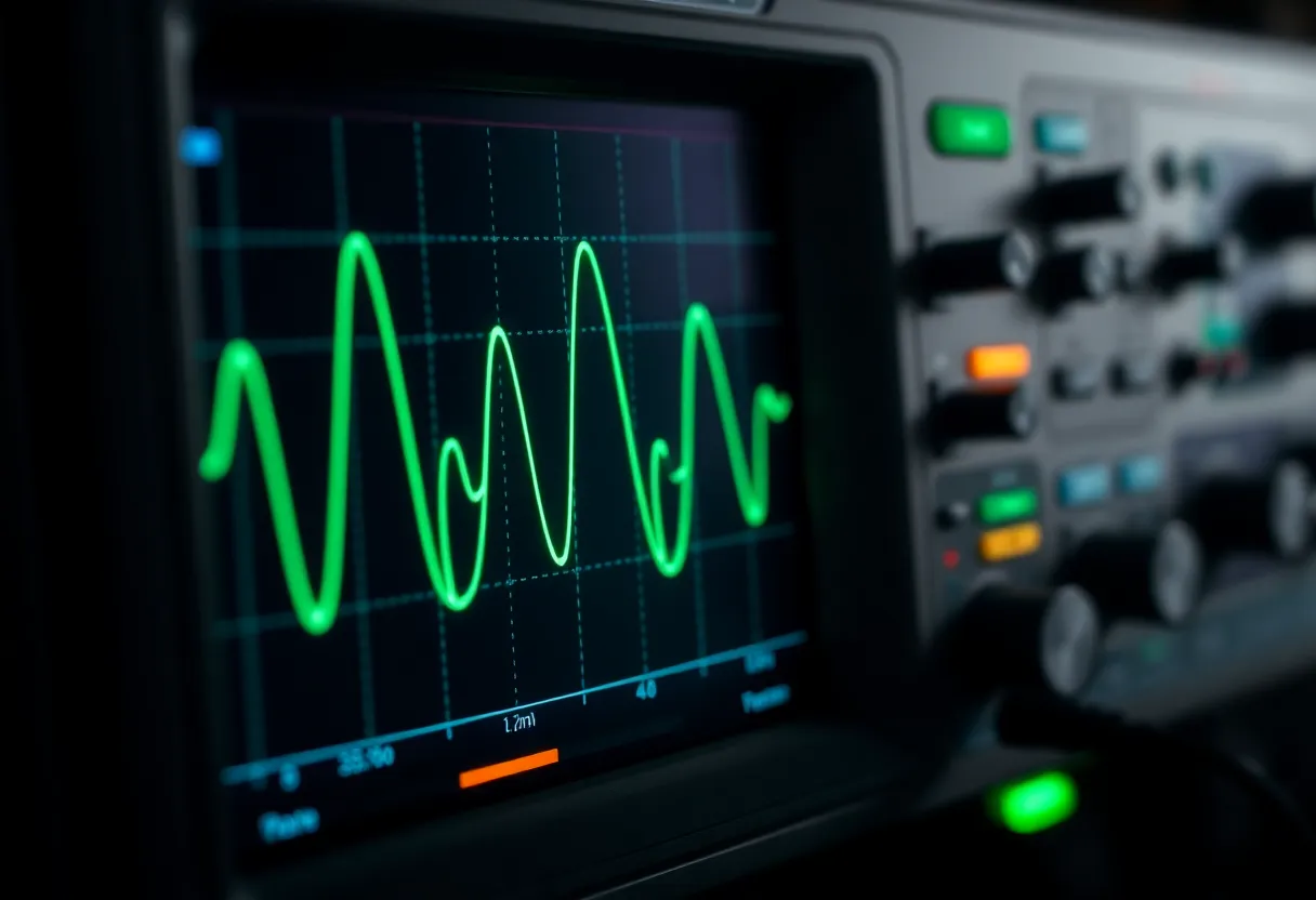 Oscilloscope screen showing a green waveform trace in a dim lab