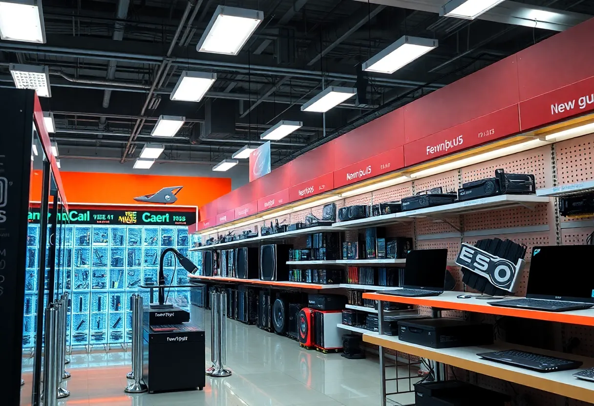 Electronics retail aisle with laptops and components on shelves