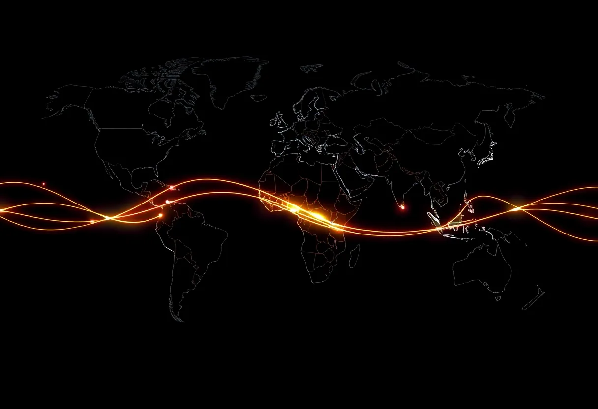 Abstract glowing trade routes on a dark world map